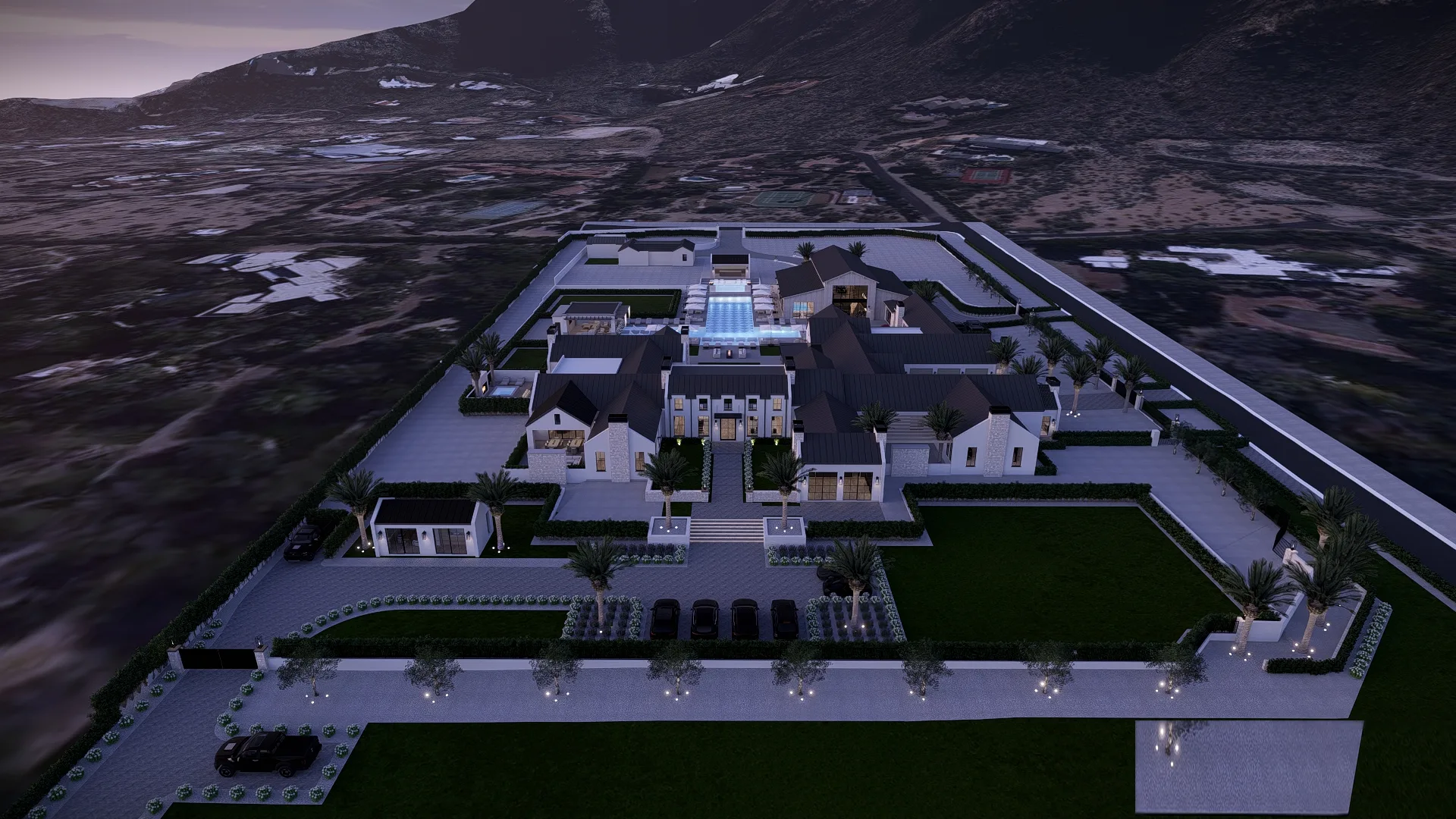 Mockingbird Manor Estate aerial view at dusk
